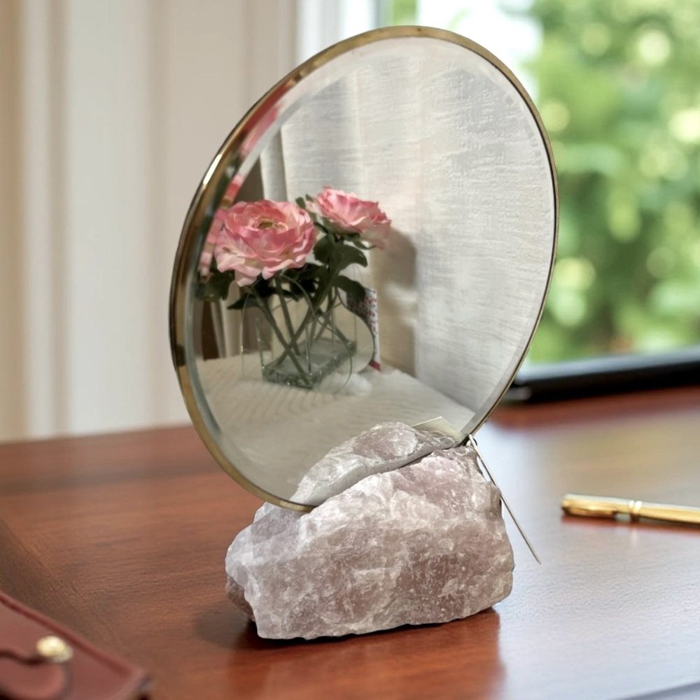 Source and Co. NWT Stunning Genuine Rose Quartz with Round Brass Mounted Mirror - Picture 10 of 10